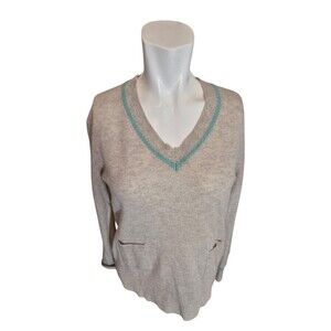 Hannah Rose 100% Cashmere Sweater V-neck Contrast Stitch Pulliver Gray Sz S/P